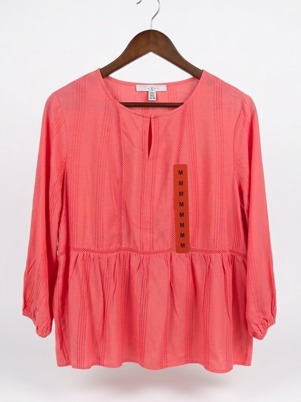 NWT  FEVER Boho Coral Peplum Blouse - Lace & Pin-tuck Details - Size Medium